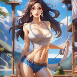 A high-quality digital art image features a woman with long, flowing brown hair, her original face restored, standing confidently in front of the camera