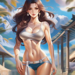 A high-quality digital art image features a woman with long, flowing brown hair, her original face restored, standing confidently in front of the camera