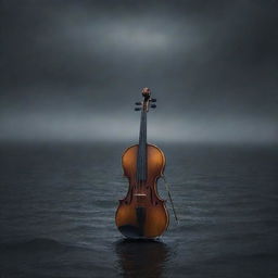 Illustration of a melancholic melody represented by dark color waves intertwining, with a lonely violin in the middle surrounded by rainy backdrop