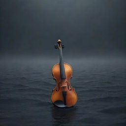 Illustration of a melancholic melody represented by dark color waves intertwining, with a lonely violin in the middle surrounded by rainy backdrop