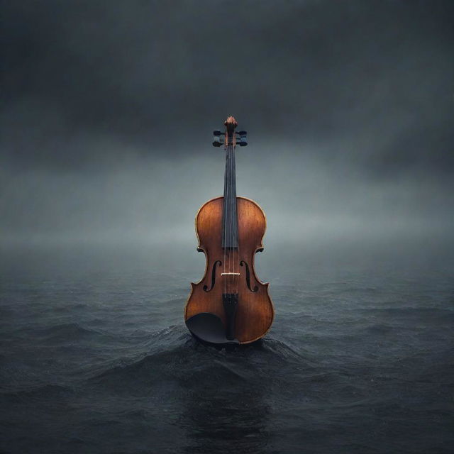 Illustration of a melancholic melody represented by dark color waves intertwining, with a lonely violin in the middle surrounded by rainy backdrop