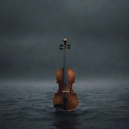 Illustration of a melancholic melody represented by dark color waves intertwining, with a lonely violin in the middle surrounded by rainy backdrop