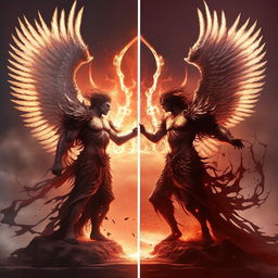 Modify the divine figure to resemble a majestic angel with luminous wings, clashing with the demon king with demonic wings, embodying the battle between heaven and hell.