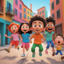 An animated cartoon scene with vibrant colors and dynamic characters in humorous or adventurous situation