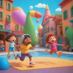 An animated cartoon scene with vibrant colors and dynamic characters in humorous or adventurous situation