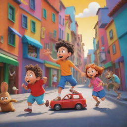 An animated cartoon scene with vibrant colors and dynamic characters in humorous or adventurous situation