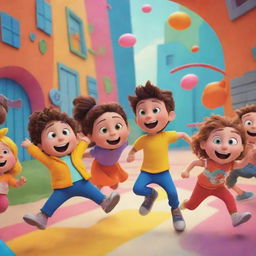 An animated cartoon scene with vibrant colors and dynamic characters in humorous or adventurous situation