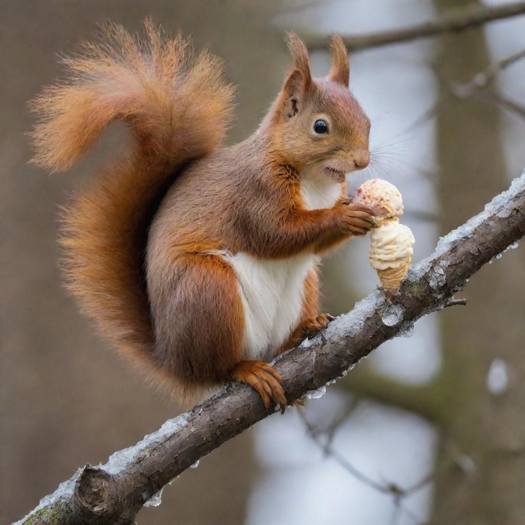 A playful red squirrel happily perched on a branch, holding a delicious, melting cone of ice cream