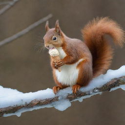 A playful red squirrel happily perched on a branch, holding a delicious, melting cone of ice cream