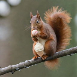 A playful red squirrel happily perched on a branch, holding a delicious, melting cone of ice cream