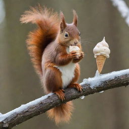 A playful red squirrel happily perched on a branch, holding a delicious, melting cone of ice cream