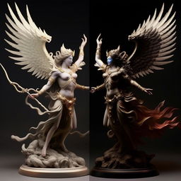 Modify the divine figure to resemble a majestic angel with luminous wings, clashing with the demon king with demonic wings, embodying the battle between heaven and hell.