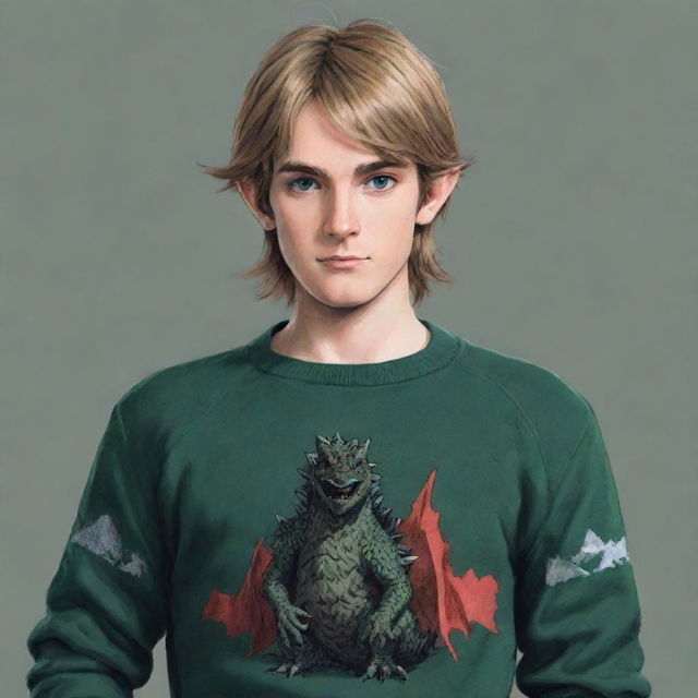 Anime-style depiction of Link from The Legend of Zelda wearing a Godzilla sweater.