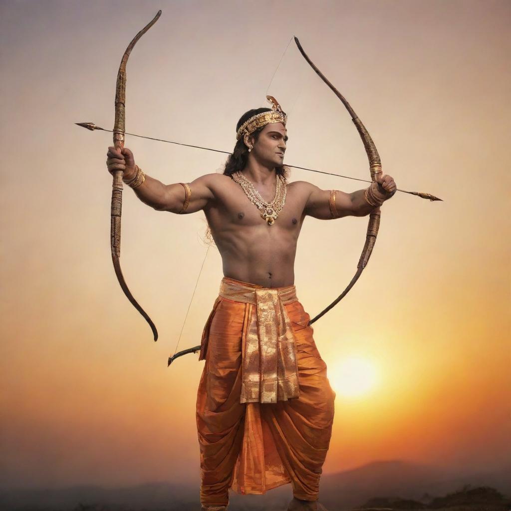 A divine depiction of Lord Shri Ram in traditional attire with a bow and arrow, standing against a serene sunset backdrop.