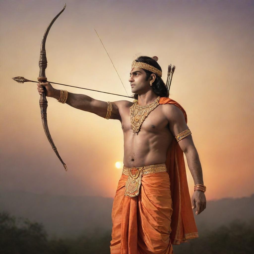 A divine depiction of Lord Shri Ram in traditional attire with a bow and arrow, standing against a serene sunset backdrop.