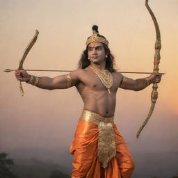 A divine depiction of Lord Shri Ram in traditional attire with a bow and arrow, standing against a serene sunset backdrop.