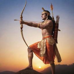 A divine depiction of Lord Shri Ram in traditional attire with a bow and arrow, standing against a serene sunset backdrop.