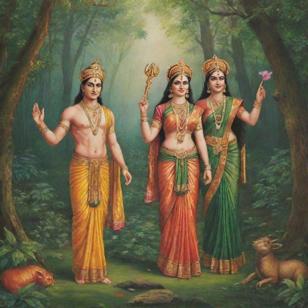 Lord Shri Ram, clad in royal attire, along with Seeta in a beautiful sari and Lakshman, all venturing into a vivid verdant forest.