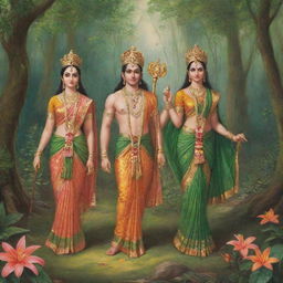 Lord Shri Ram, clad in royal attire, along with Seeta in a beautiful sari and Lakshman, all venturing into a vivid verdant forest.