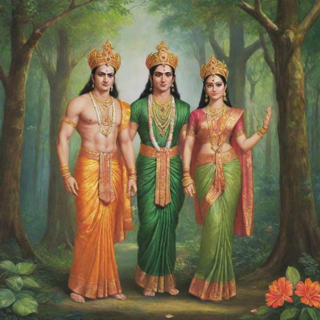 Lord Shri Ram, clad in royal attire, along with Seeta in a beautiful sari and Lakshman, all venturing into a vivid verdant forest.