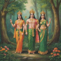 Lord Shri Ram, clad in royal attire, along with Seeta in a beautiful sari and Lakshman, all venturing into a vivid verdant forest.