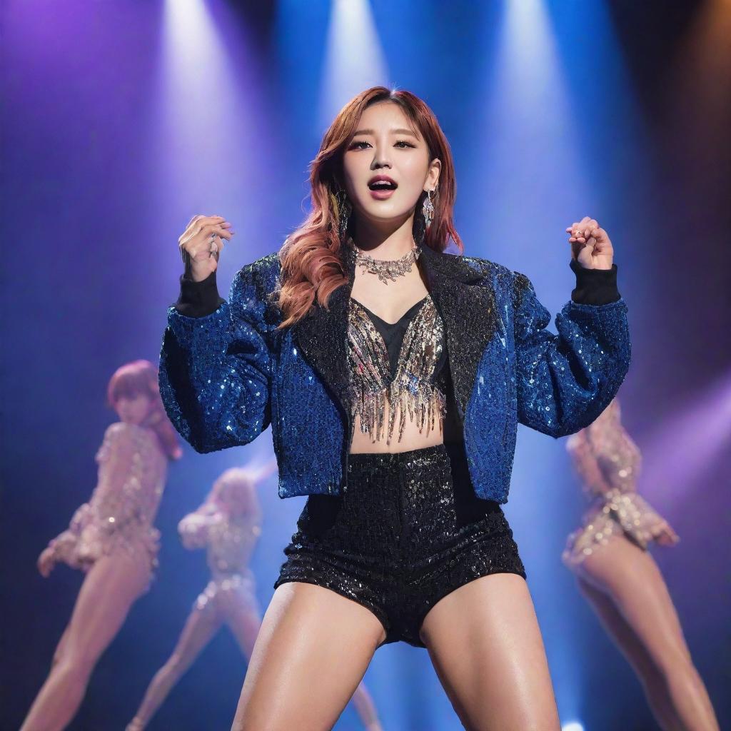 A K-pop idol in a vibrant stage outfit, performing under dazzling concert lighting with dynamic choreography.