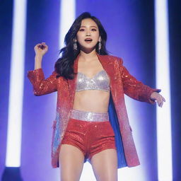 A K-pop idol in a vibrant stage outfit, performing under dazzling concert lighting with dynamic choreography.