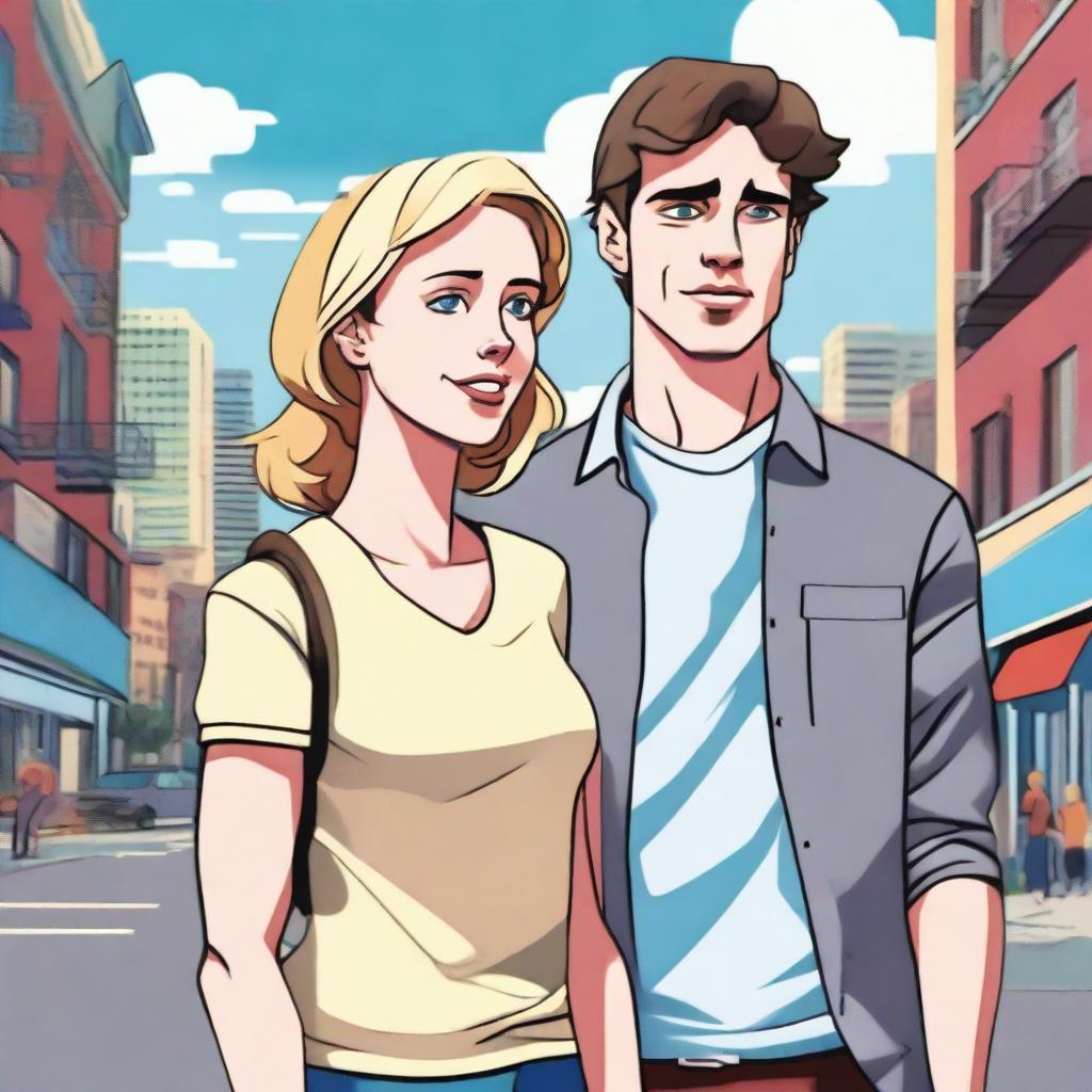 A digital art image of a puzzled 30-year-old man with short brown hair and brown eyes, dressed in casual attire, standing before a jovial 26-year-old woman with blond hair and blue eyes