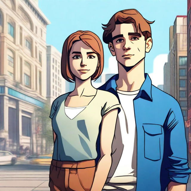 A digital art image of a puzzled 30-year-old man with short brown hair and brown eyes, dressed in casual attire, standing before a jovial 26-year-old woman with blond hair and blue eyes