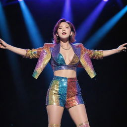 A K-pop idol in a vibrant stage outfit, performing under dazzling concert lighting with dynamic choreography.