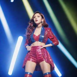 A K-pop idol in a vibrant stage outfit, performing under dazzling concert lighting with dynamic choreography.