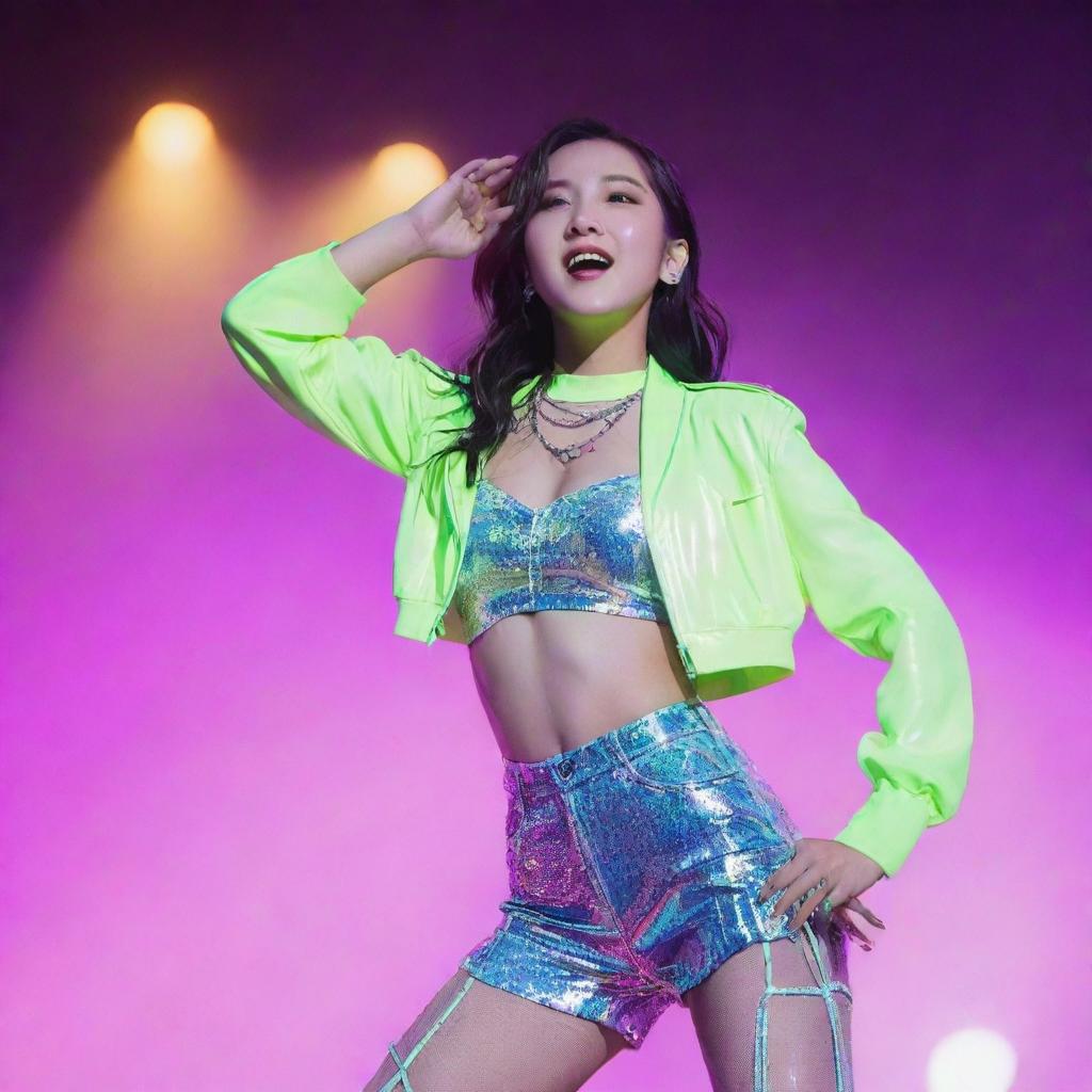 A member of Kepler, the K-Pop girl group, wearing fashionable outfits in a neon-lit stage, singing and dancing.