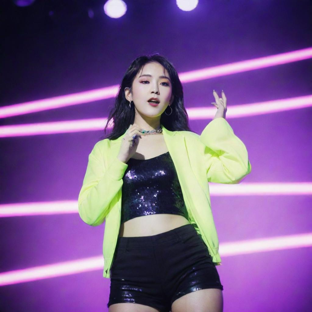 A member of Kepler, the K-Pop girl group, wearing fashionable outfits in a neon-lit stage, singing and dancing.