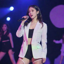 A member of Kepler, the K-Pop girl group, wearing fashionable outfits in a neon-lit stage, singing and dancing.