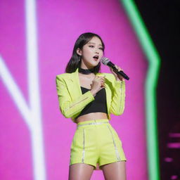 A member of Kepler, the K-Pop girl group, wearing fashionable outfits in a neon-lit stage, singing and dancing.