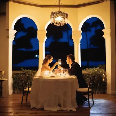 The couple enjoyed a candlelit dinner beneath the glowing fanlight, creating a romantic ambiance.