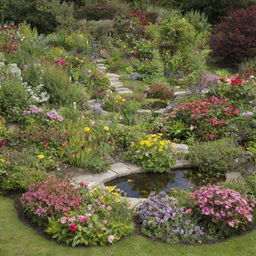 Generate a garden featuring a variety of brightly coloured flowers with a small pond in the middle. Butterflies and bees should be fluttering amongst the blossoms.