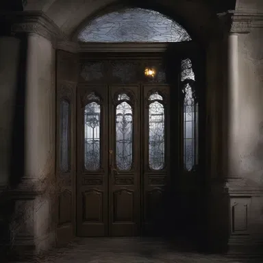 As the protagonist in the gothic novel entered the eerie mansion, his heart pounded, illuminated by the moonlight streaming in through the spiderweb-covered fanlight above the entrance.