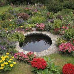 Generate a garden featuring a variety of brightly coloured flowers with a small pond in the middle. Butterflies and bees should be fluttering amongst the blossoms.