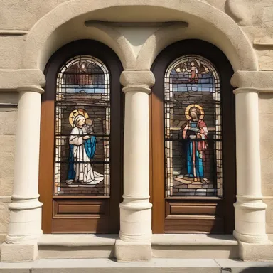 The church's front entrance showcased a beautiful stained-glass fanlight depicting biblical scenes.