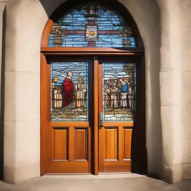 The church's front entrance showcased a beautiful stained-glass fanlight depicting biblical scenes.
