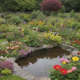 Generate a garden featuring a variety of brightly coloured flowers with a small pond in the middle. Butterflies and bees should be fluttering amongst the blossoms.