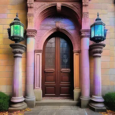 The mystical castle entrance had a magical fanlight that glowed with ethereal colors.
