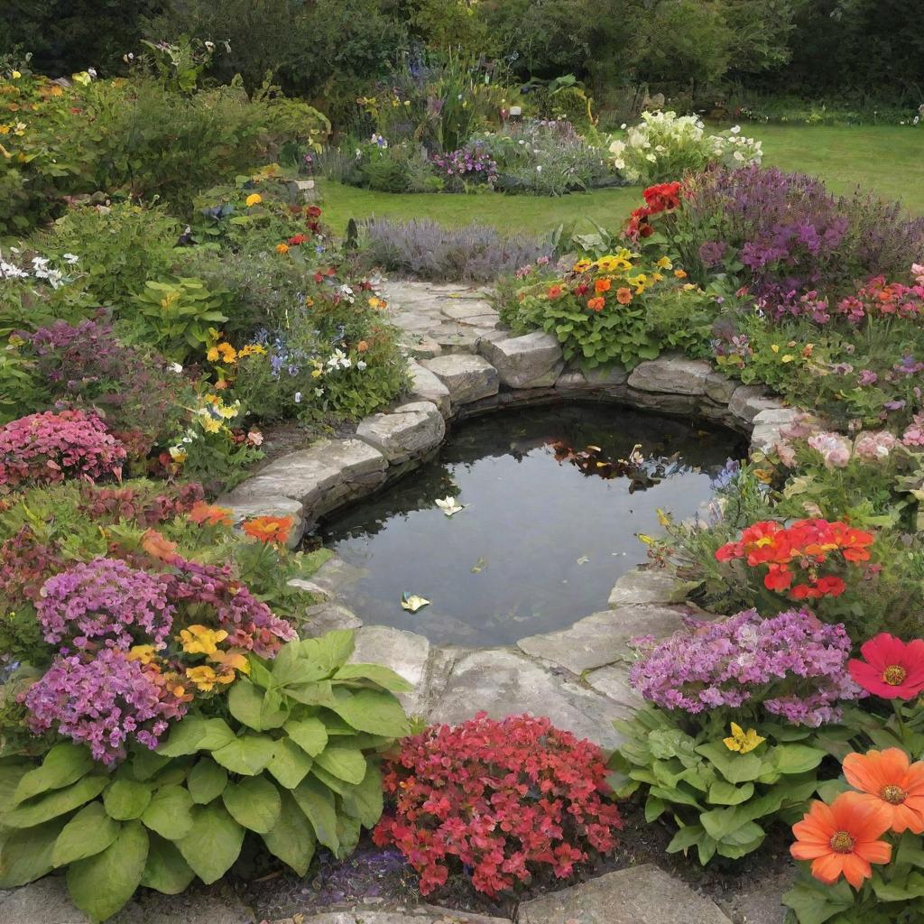 Generate a garden featuring a variety of brightly coloured flowers with a small pond in the middle. Butterflies and bees should be fluttering amongst the blossoms.