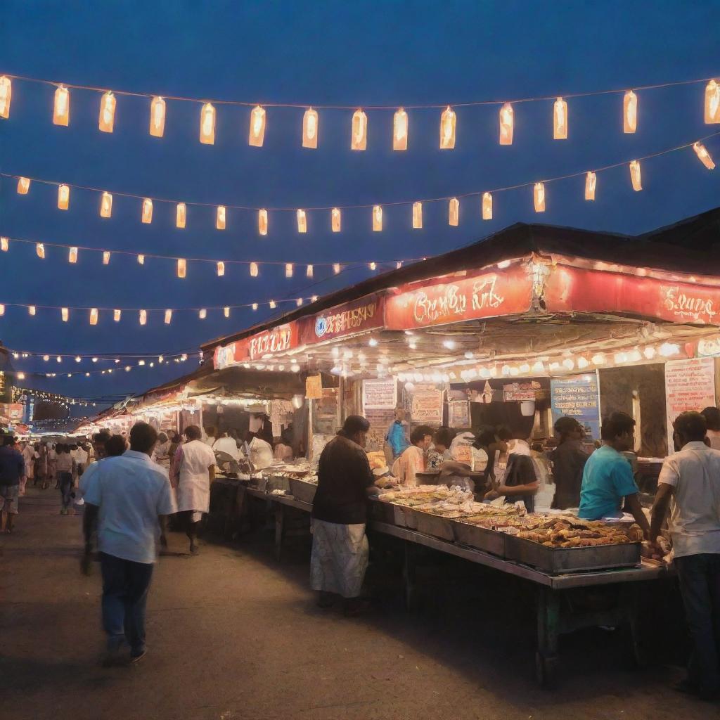 A road lined with bustling fish fry vendors, where savory aromas mix with colorful sights. Grilled and fried fish on display, in the glow of string lights, set against the dusk sky.