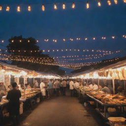 A road lined with bustling fish fry vendors, where savory aromas mix with colorful sights. Grilled and fried fish on display, in the glow of string lights, set against the dusk sky.