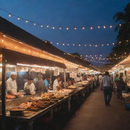 A road lined with bustling fish fry vendors, where savory aromas mix with colorful sights. Grilled and fried fish on display, in the glow of string lights, set against the dusk sky.