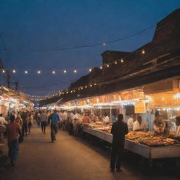 A road lined with bustling fish fry vendors, where savory aromas mix with colorful sights. Grilled and fried fish on display, in the glow of string lights, set against the dusk sky.