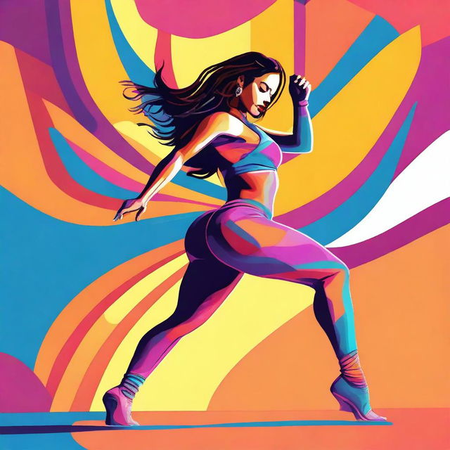 A vibrant, high-quality digital art image featuring a Latina woman with a curvaceous figure performing a twerk split