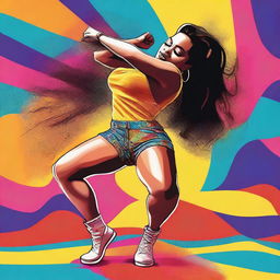 A vibrant, high-quality digital art image featuring a Latina woman with a curvaceous figure performing a twerk split